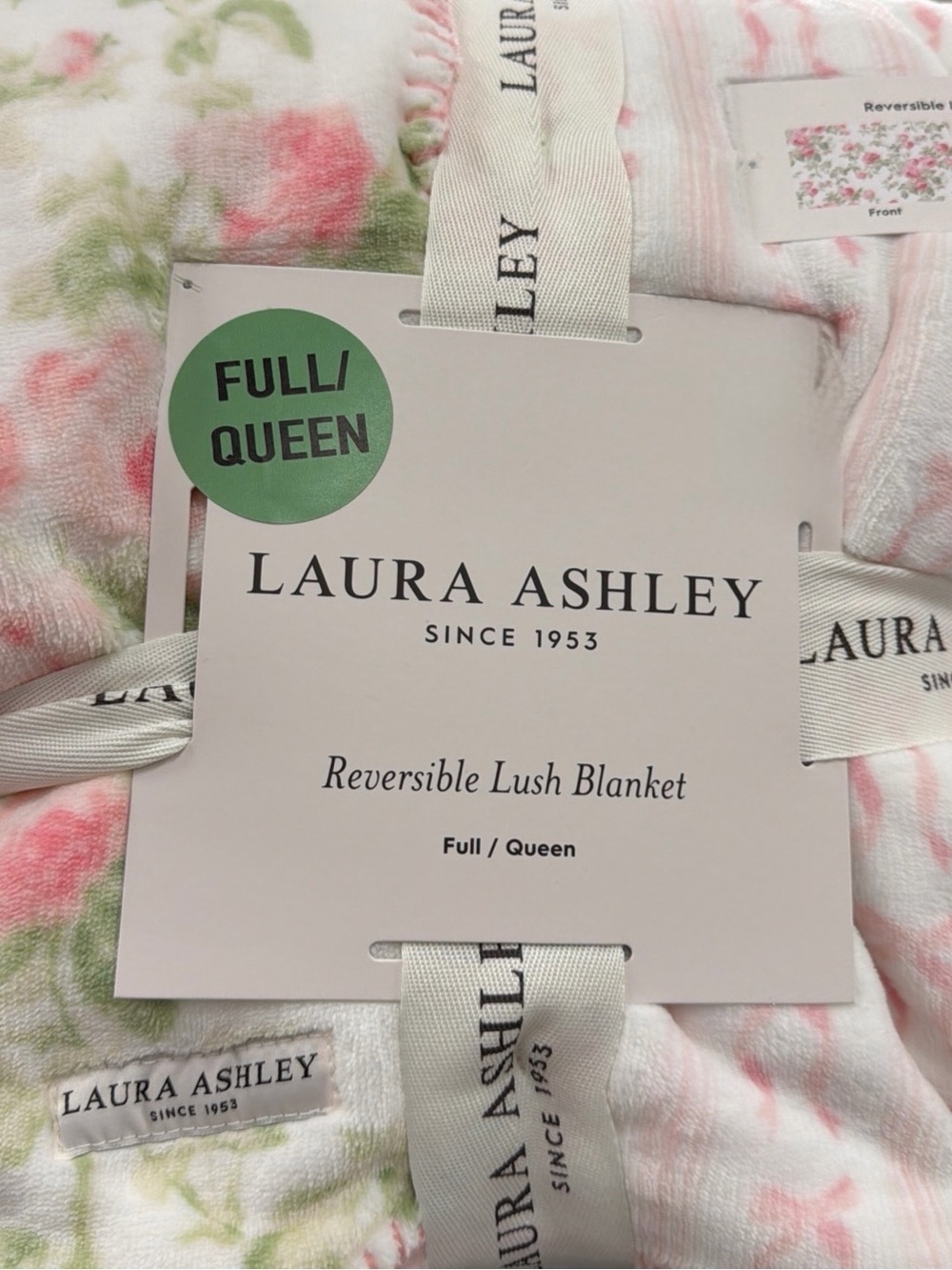 Laura Ashley pink bow rose floral romantic farmhouse reversible throw blanket